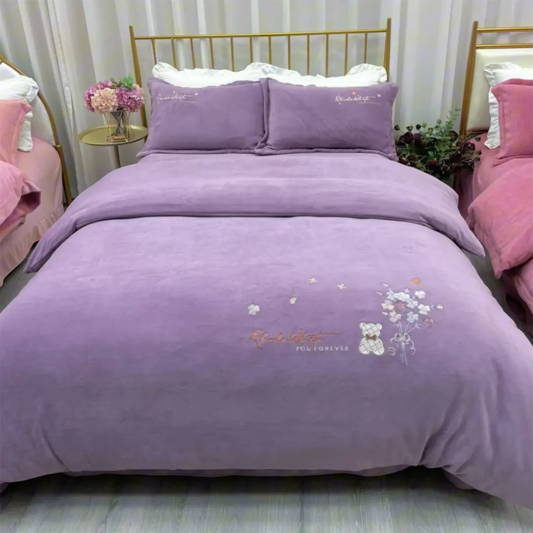 水星高端适用家纺2025新款冬季轻奢高级感刺绣花加厚保暖牛奶绒纯