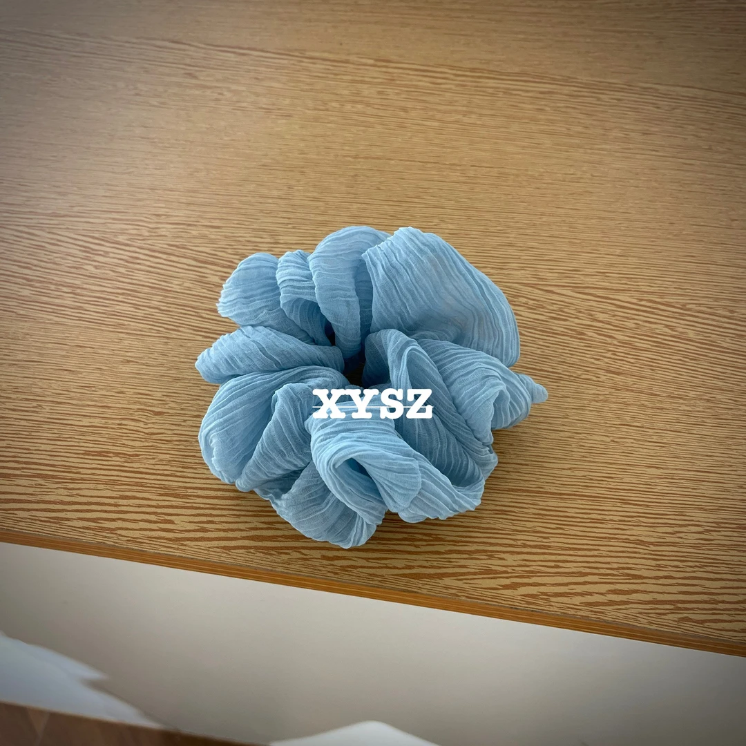 晴空发圈浅水蓝褶皱高级感丸子头绳奶油色简约百搭网纱