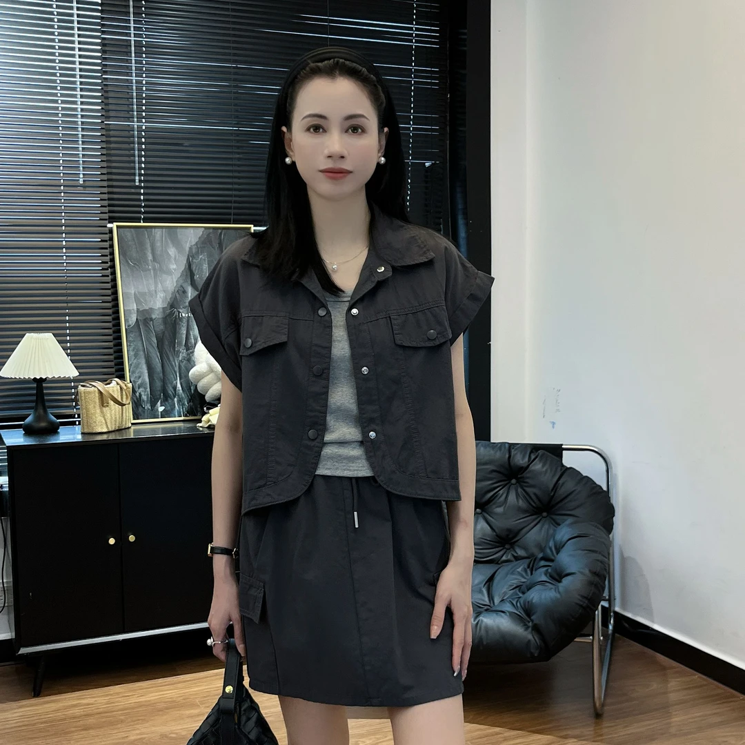 【Si&华严选】韩系休闲工装短袖衬衫外套+工装半身裙两件套9772
