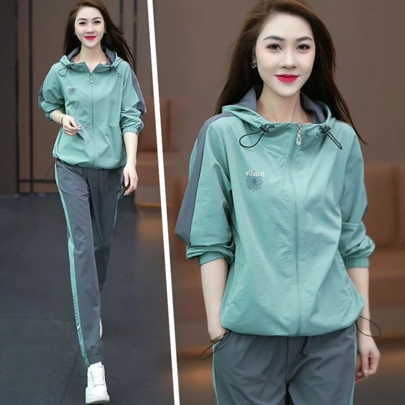 跑步服套装女2026新款春秋宽松时尚小个子洋气套装连帽外套两件套