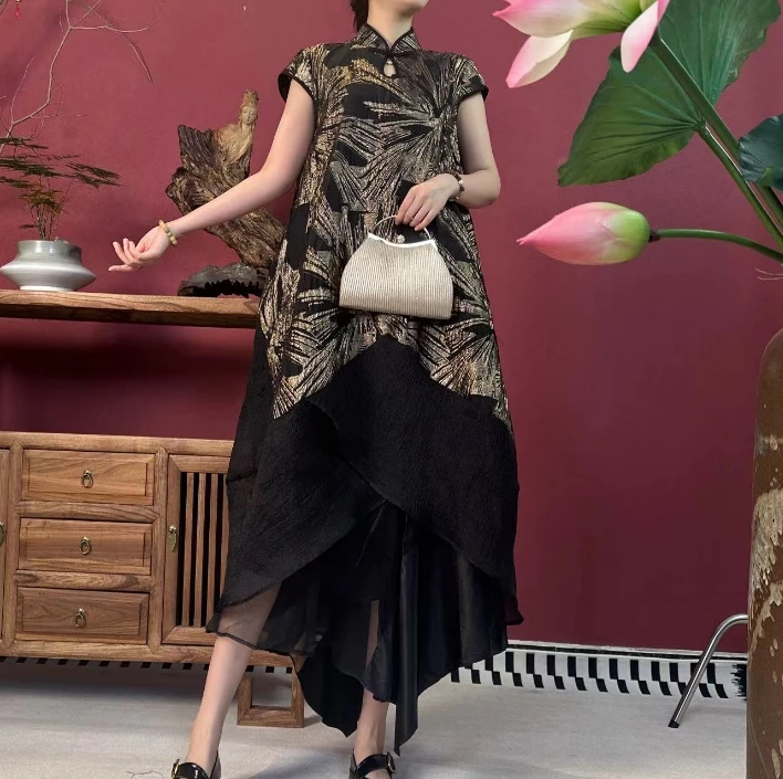 【大海轻奢】L1751新款金黑色拼纱百搭气质宽松设计师款时尚旗袍