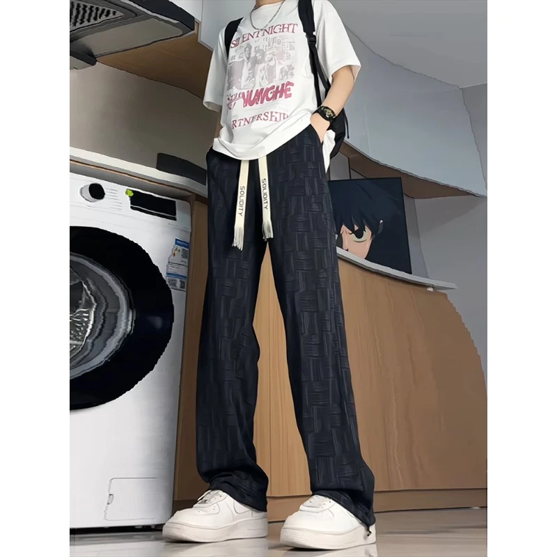 黑色格纹提花冰丝裤男夏季薄款高个子加长裤子宽松阔腿休闲运动裤