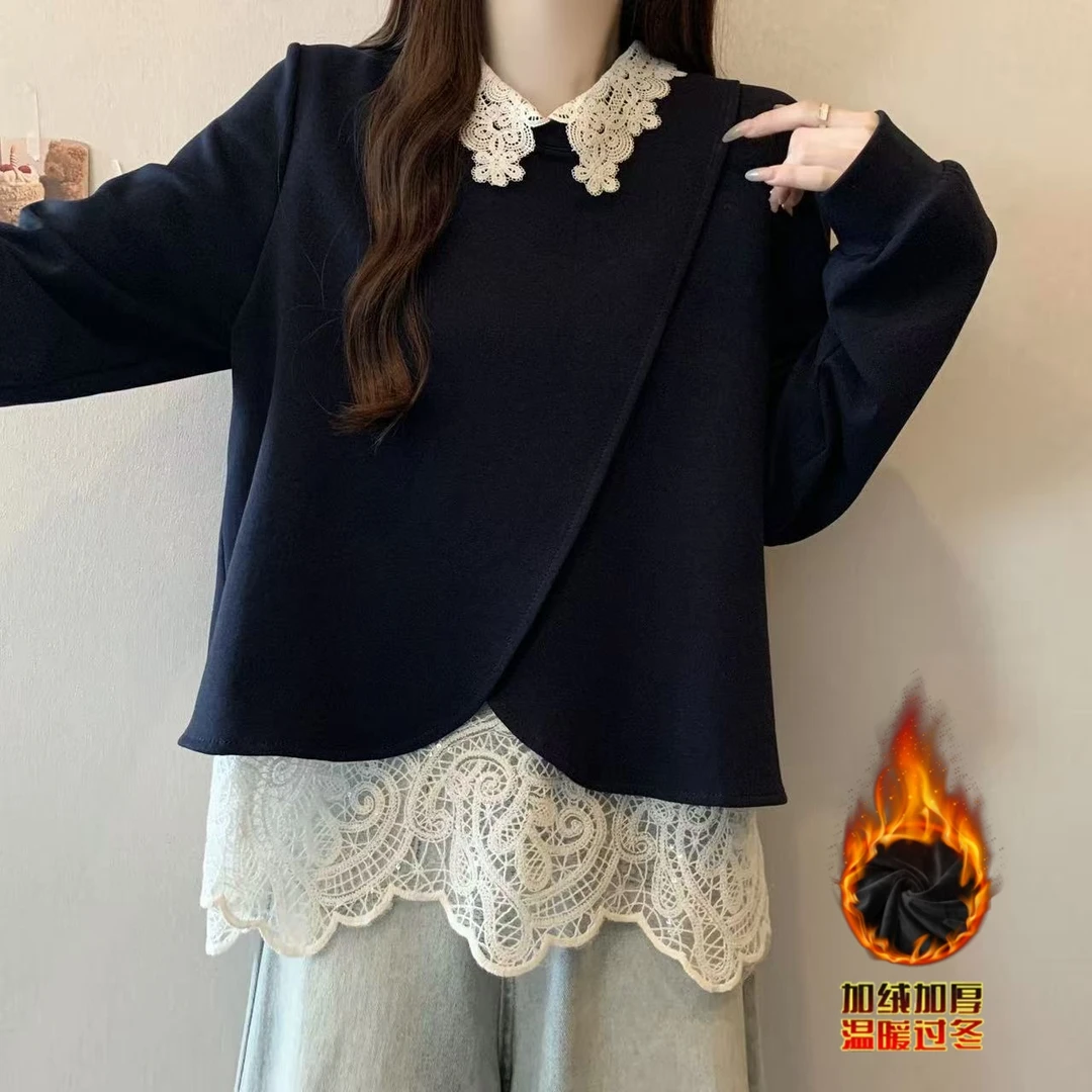 加绒大码假两件娃娃领蕾丝拼接卫衣女秋冬微胖MM宽松显瘦洋气上衣