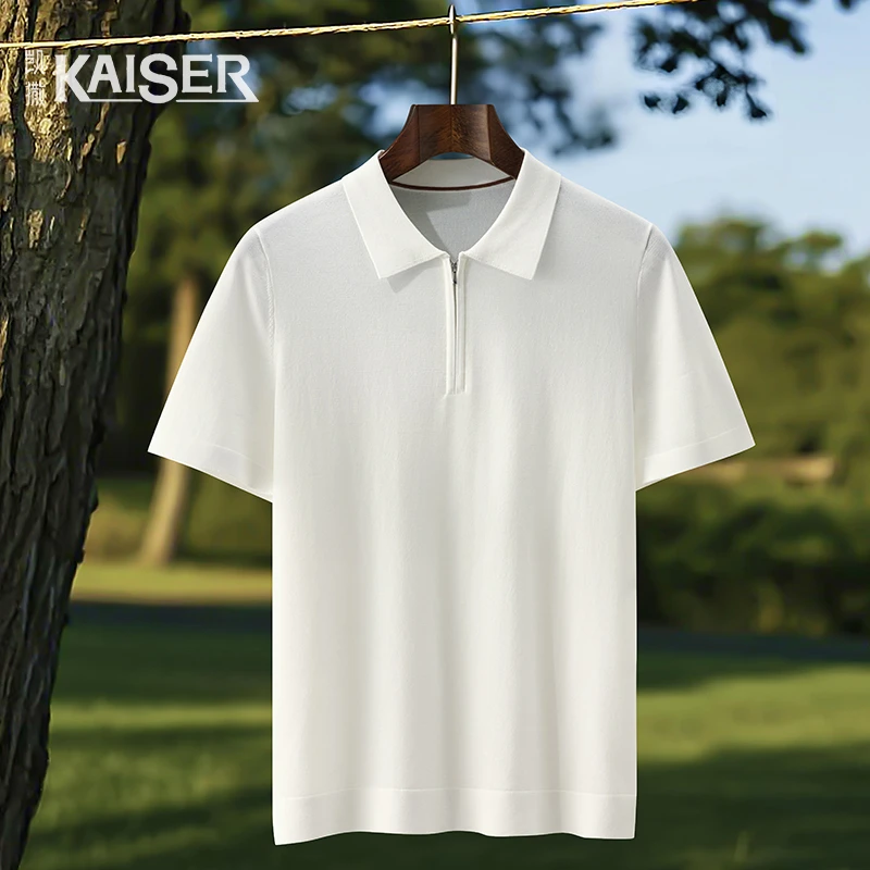 优雅匠艺男士翻领针织桑蚕丝凉感纤维半拉链POLO衫男