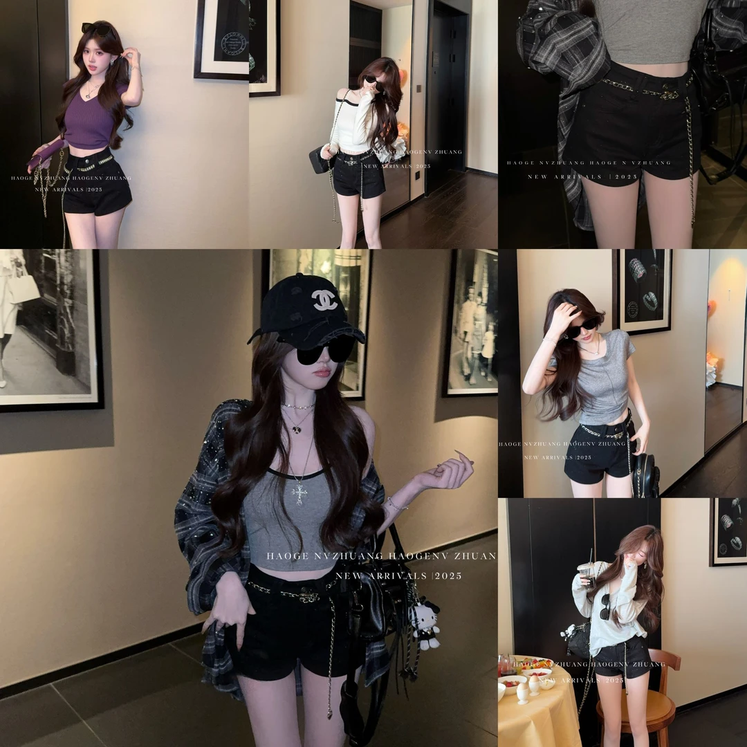 浩哥严选●爆闪裤C5NZK0264A短裤预（不含腰链）显瘦高腰设计感百搭