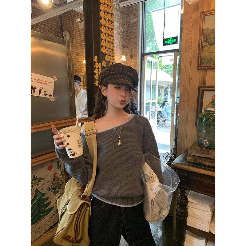 2024秋冬款韩系针织衫斜领露肩长袖套头毛衣女F2516