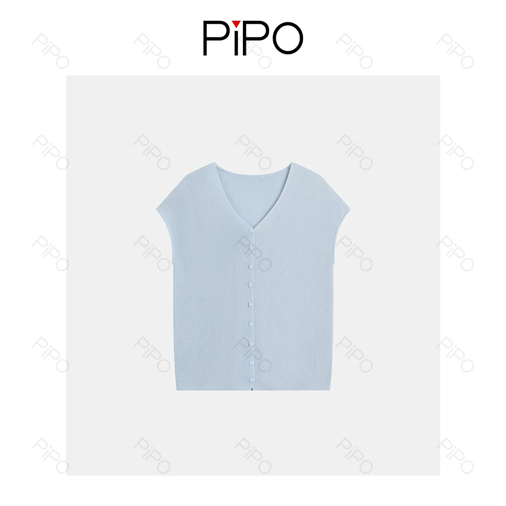 PIPO时尚针织修身型纯色无袖套装V领T恤DD52Z664