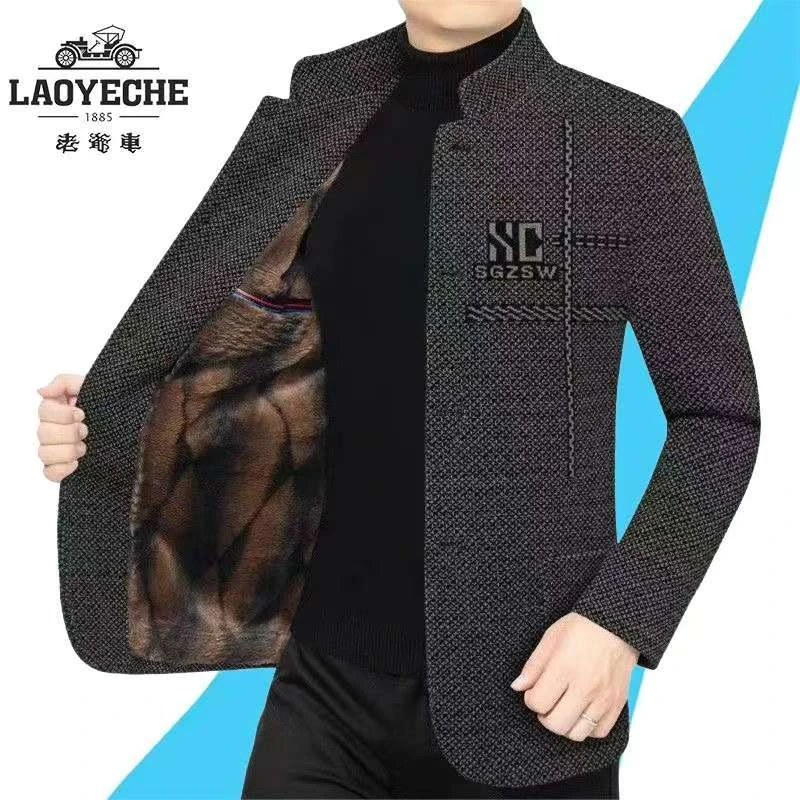 老爷车毛呢夹克男士秋冬新款高档商务休闲立领加绒加厚夹克外套