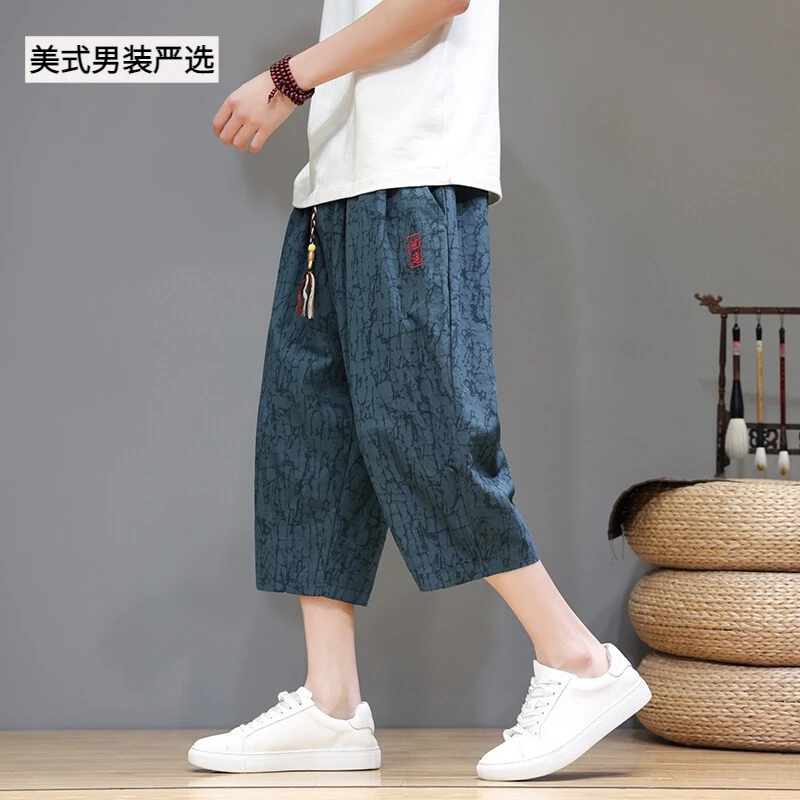 夏季阔腿裤中国风七分裤男宽松印花棉麻休闲短裤加大码青年沙滩裤