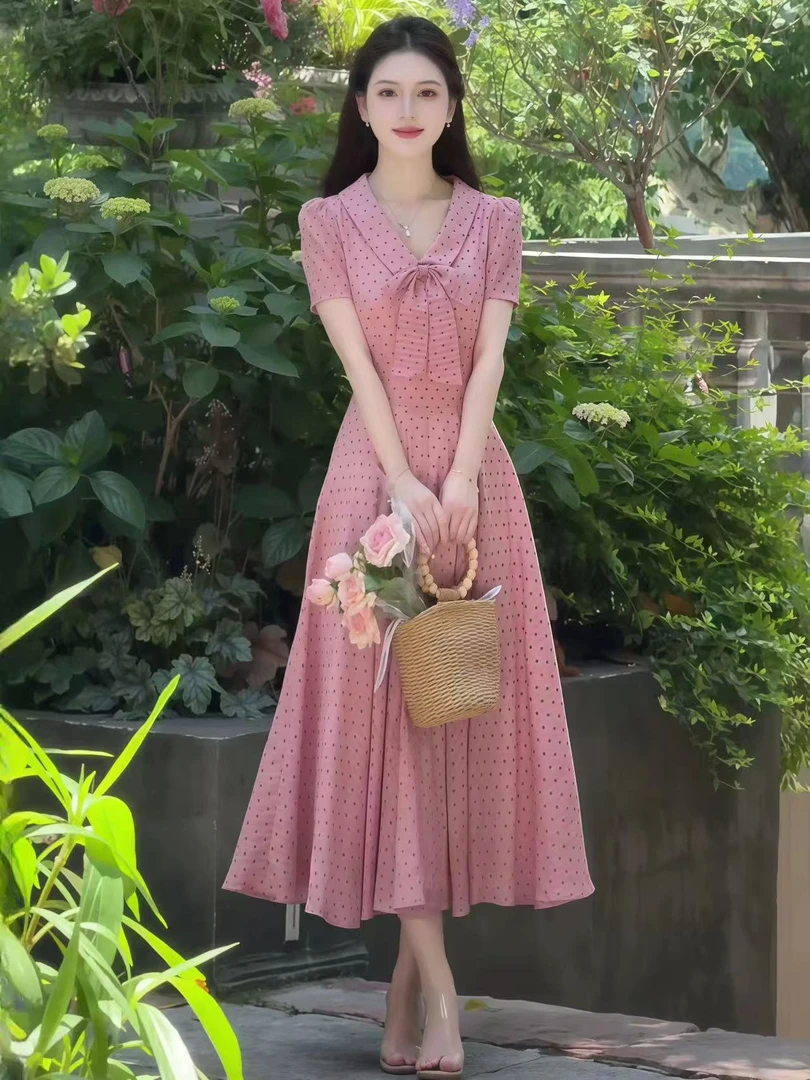 法式气质蝴蝶结波点短袖连衣裙女2025夏季新款复古收腰显瘦长裙子