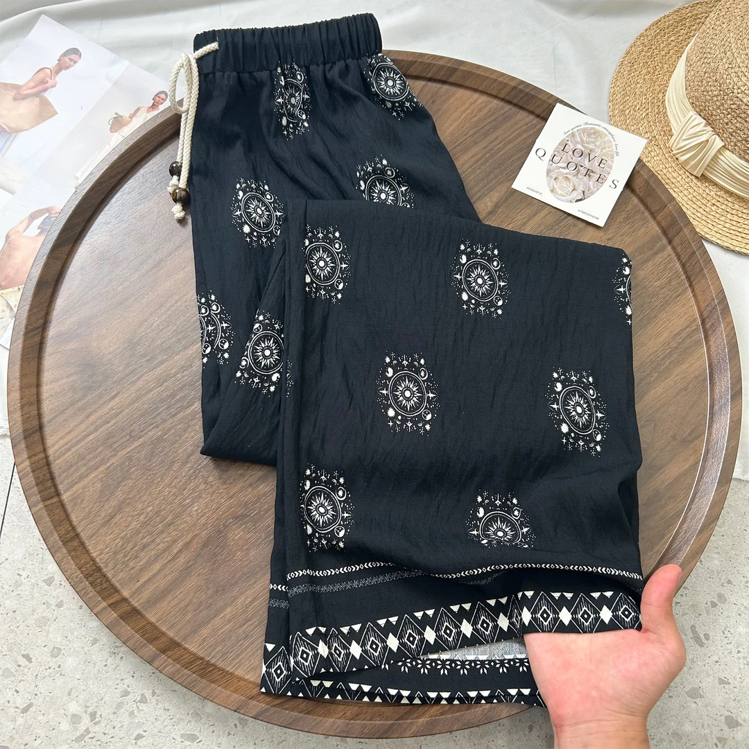 宽松薄款印花老前风复古阔腿裤女M2506002