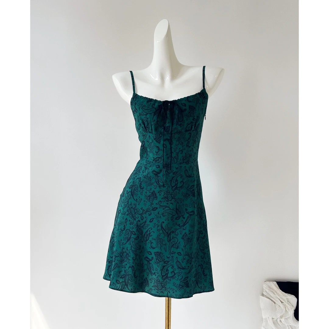 腰果花印花真丝气质吊带短裙连衣裙S-9078