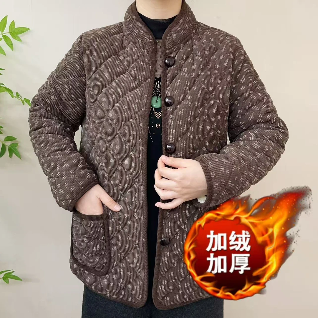 冬季立领棉衣气质中老年女装加厚妈妈装加绒花棉袄秋冬短款外套