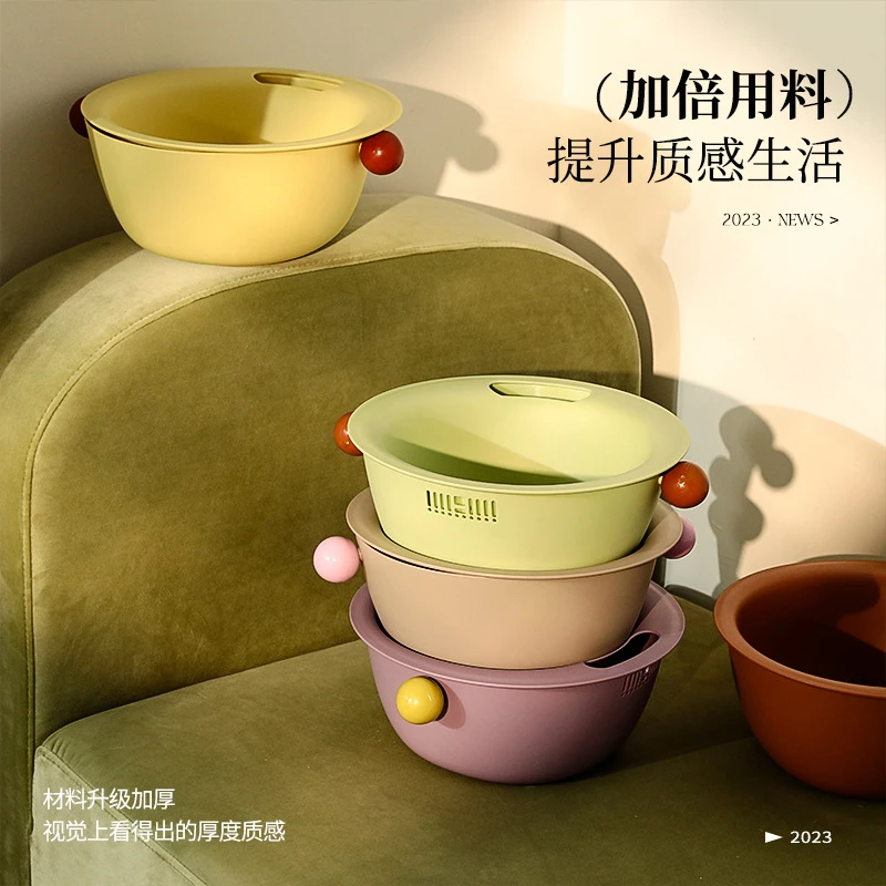 原创新款双层洗菜篮加厚可爱圆形纯色家用收纳水果多巴胺沥水篮