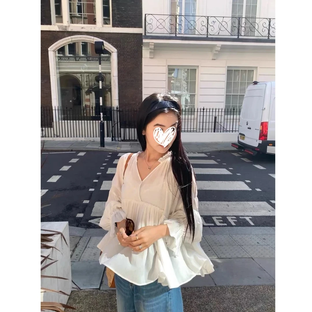 慵懒散摆 早秋新款V领重工多褶法式遮肉显瘦宽松衬衫上衣