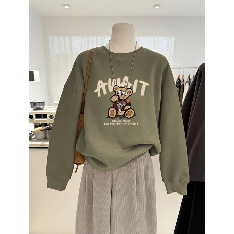 即墨保暖卫衣外套女2026新款韩版小熊印花秋冬季加绒加厚圆领衣