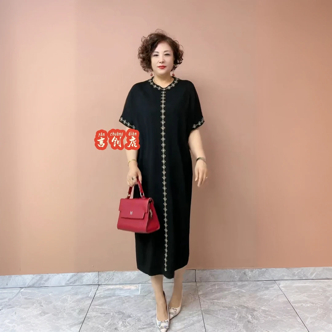 3588新款黑色针织短袖圆领高端弹力中长款打底连衣裙