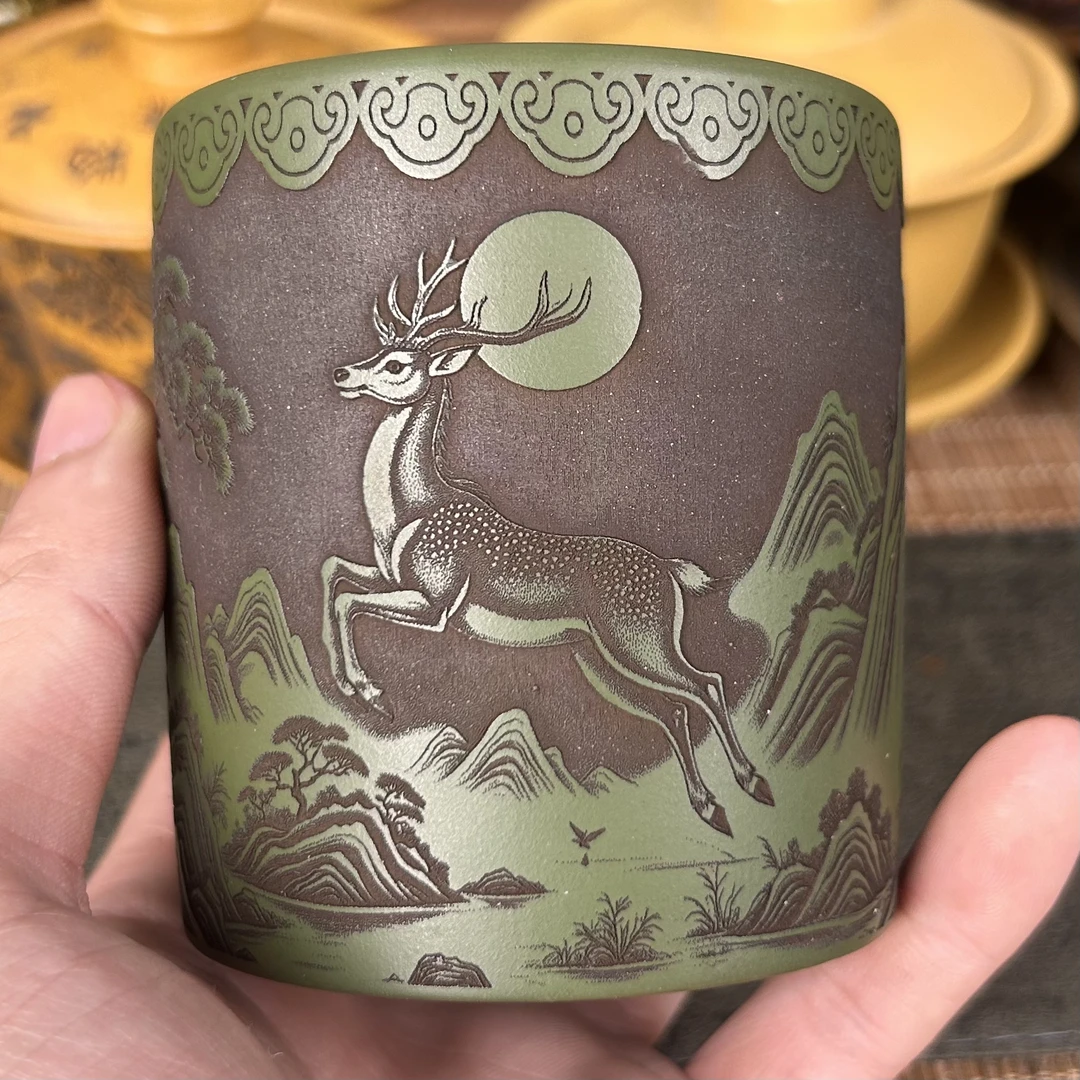 宜兴紫砂主人杯原矿绿泥手工浮雕小鹿大容量直筒杯180ml