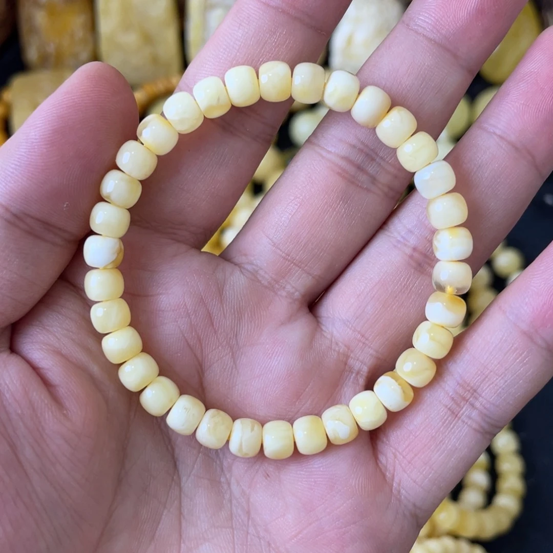 手串琥珀未镶嵌6+俄料妖白花精工老型手串
