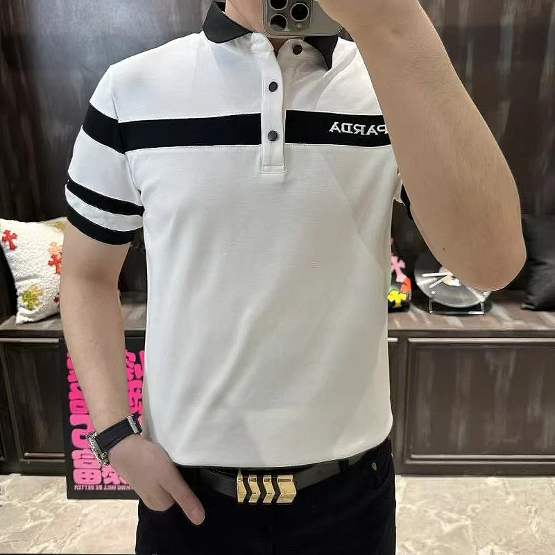 夏季男士韩版时尚潮流轻奢T恤条纹拼色翻领半袖商务休闲百搭短袖t