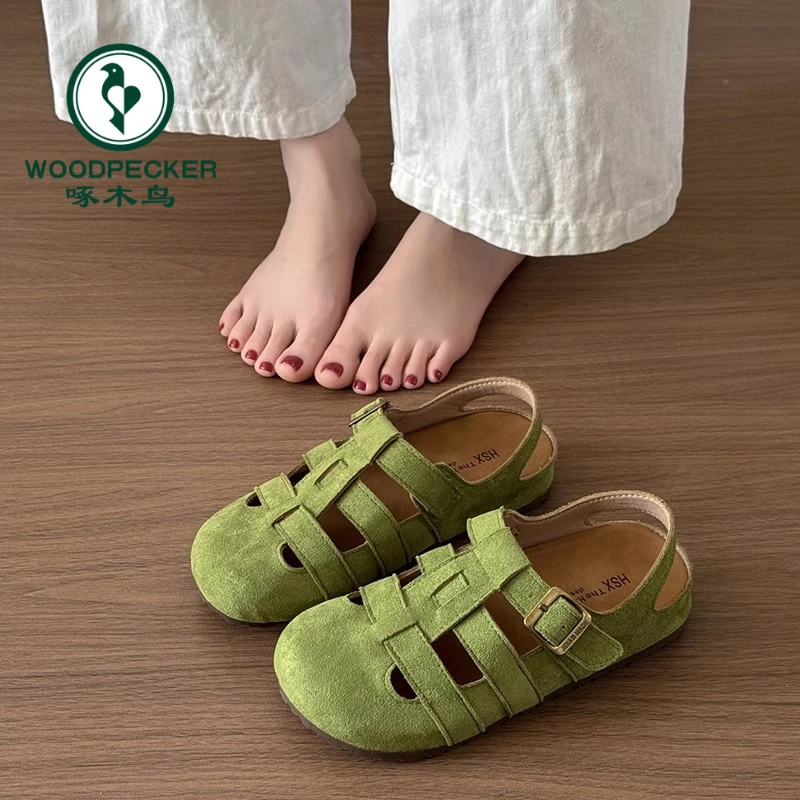 啄木鸟复古小众镂空包头半拖鞋女2025春夏外穿厚底丑萌休闲勃肯鞋