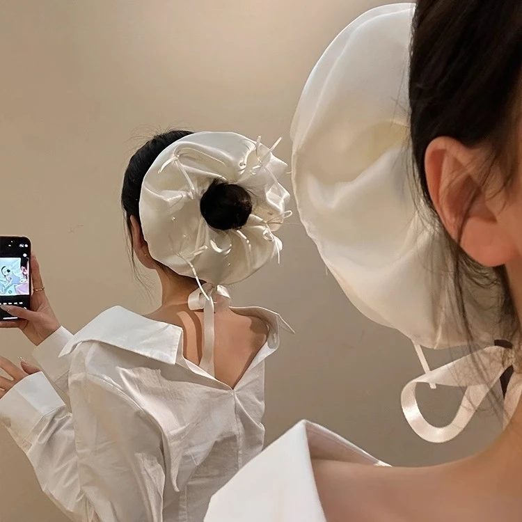 45蝴蝶结珍珠蓝色飘带缎面大肠发圈女高级感韩系发饰超大号头绳新