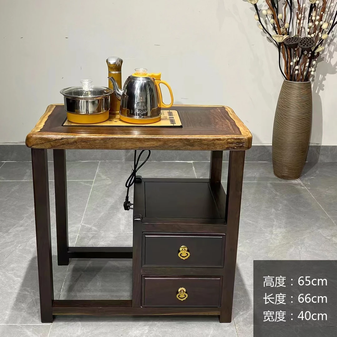 捷明原木家具黑檀双抽带皮茶水柜纯料 66*40*65