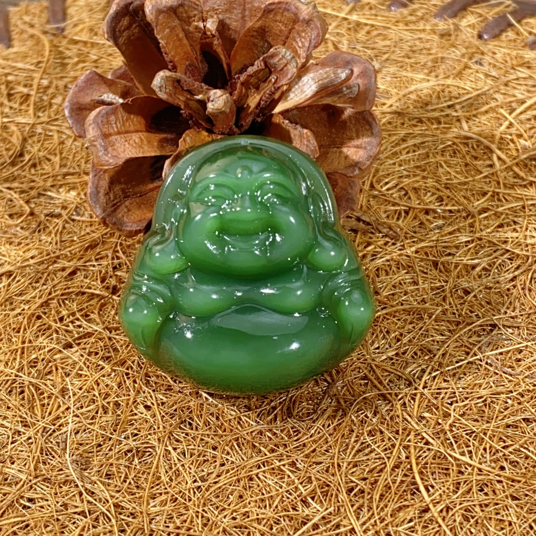 【巧润珠宝】天然和田玉碧玉菠菜绿猫眼老料佛公吊坠起荧光裸佛项链