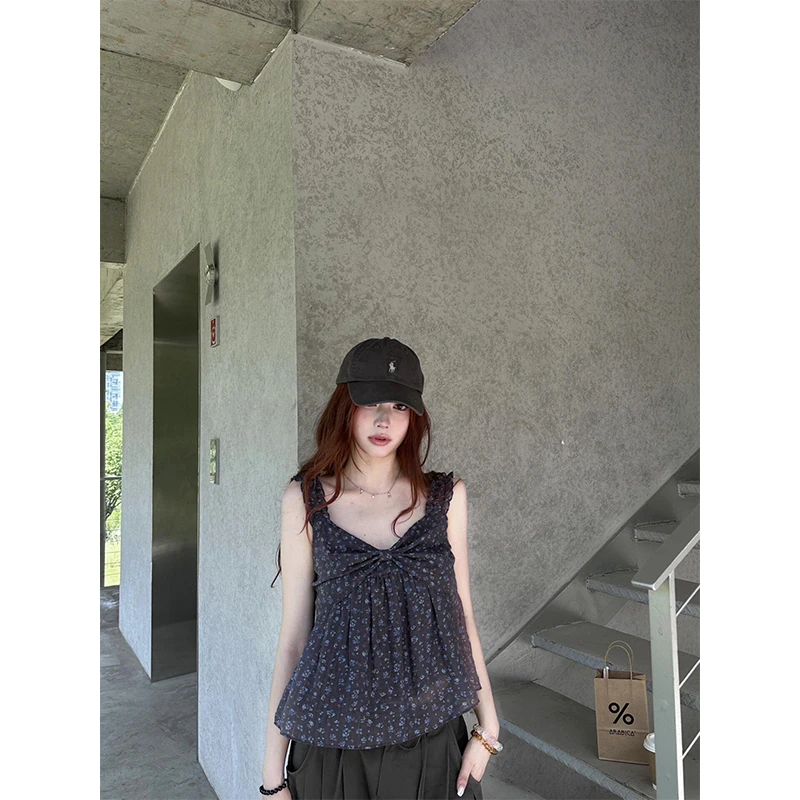 碎花吊带背心内搭百搭宽松黑色露肩上衣休闲裤松紧腰阔腿裤长裤女