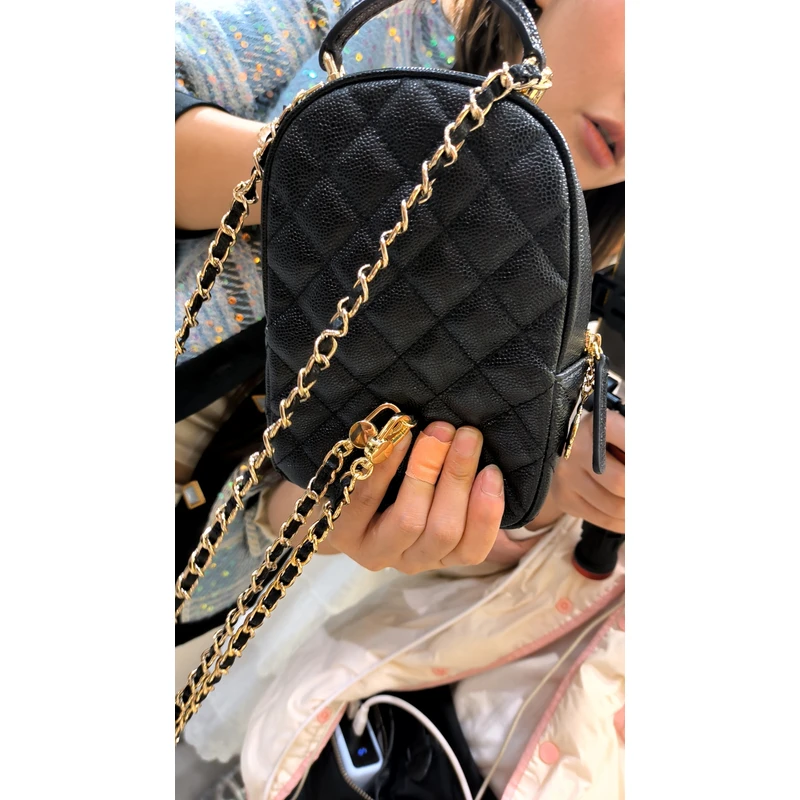 YUSHA/高档黑色鱼子酱格子迷你双肩包-圈扣-9706