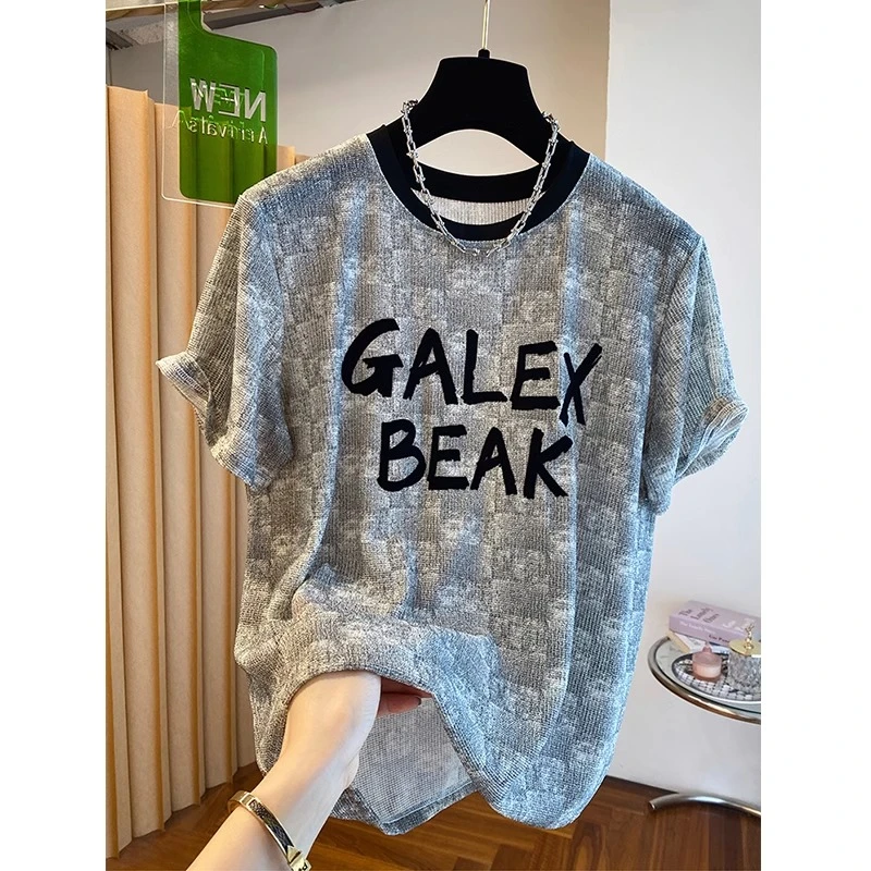 胖妹妹240斤大码欧货字母撞色圆领微透短袖T恤女夏季宽松轻薄上衣