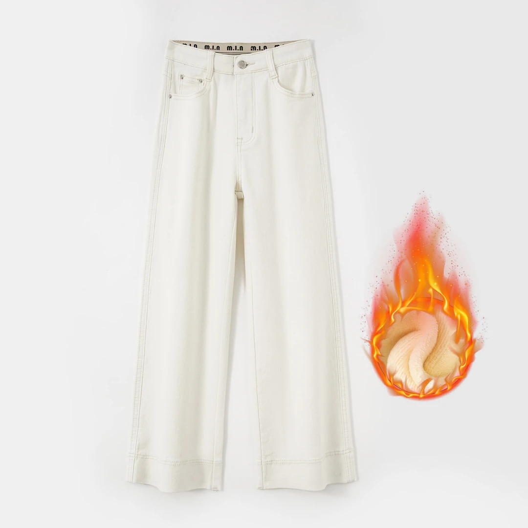 2025冬季新款欧若风宝宝绒牛仔裤腰头字母织带拼接直筒裤女BJ010