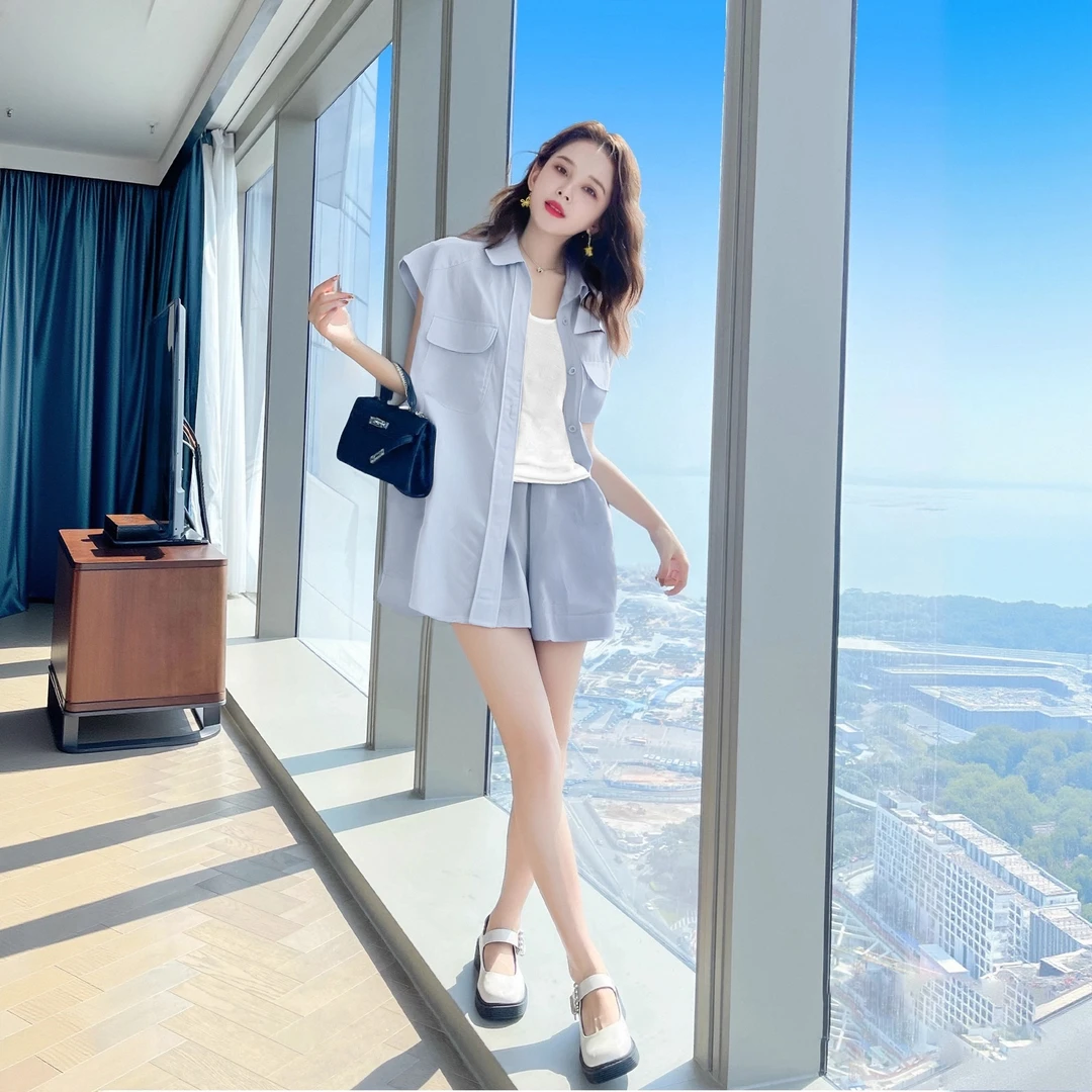 A【有里布】【两件套】显瘦休闲气质蓝色马甲套装微胖穿搭套装D2348