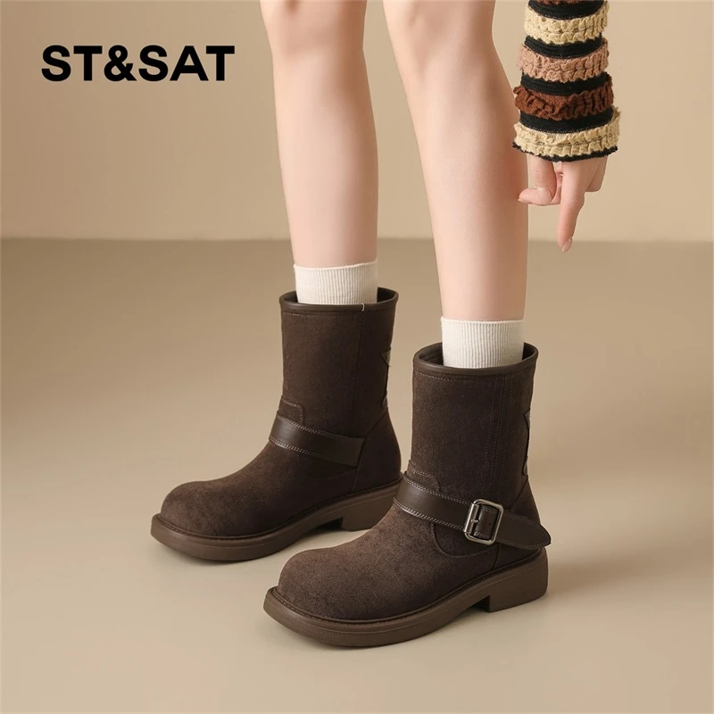 星期六厚底马丁靴女2025秋绒面中筒西部牛仔骑士靴棕色粗跟短靴子