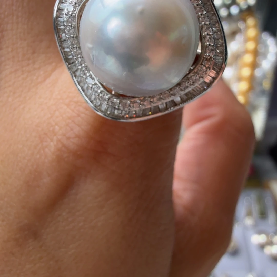 戒指银S925镶嵌海水珍珠15mm