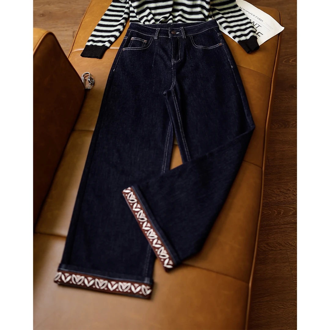 深蓝色牛仔裤女2025新款秋季爆款宽松刺绣阔腿裤九分直筒裤F2105