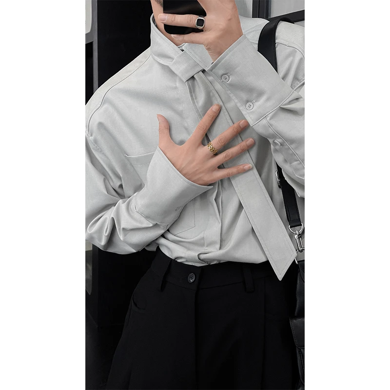 龙叨叨春季新款领带设计高级感纯色简约宽松百搭长袖立领衬衫