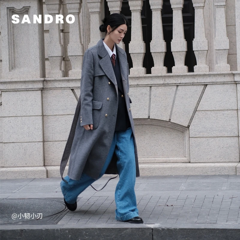 SANDRO2025秋冬新款女装复古高腰微喇阔腿棉质牛仔裤SFPJE00764