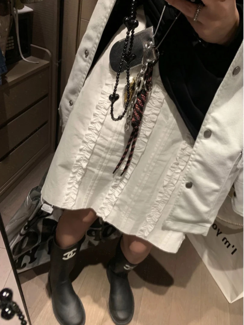 花边中裙女2025春夏新款高腰显瘦抽褶立体荷叶边勾花半身裙