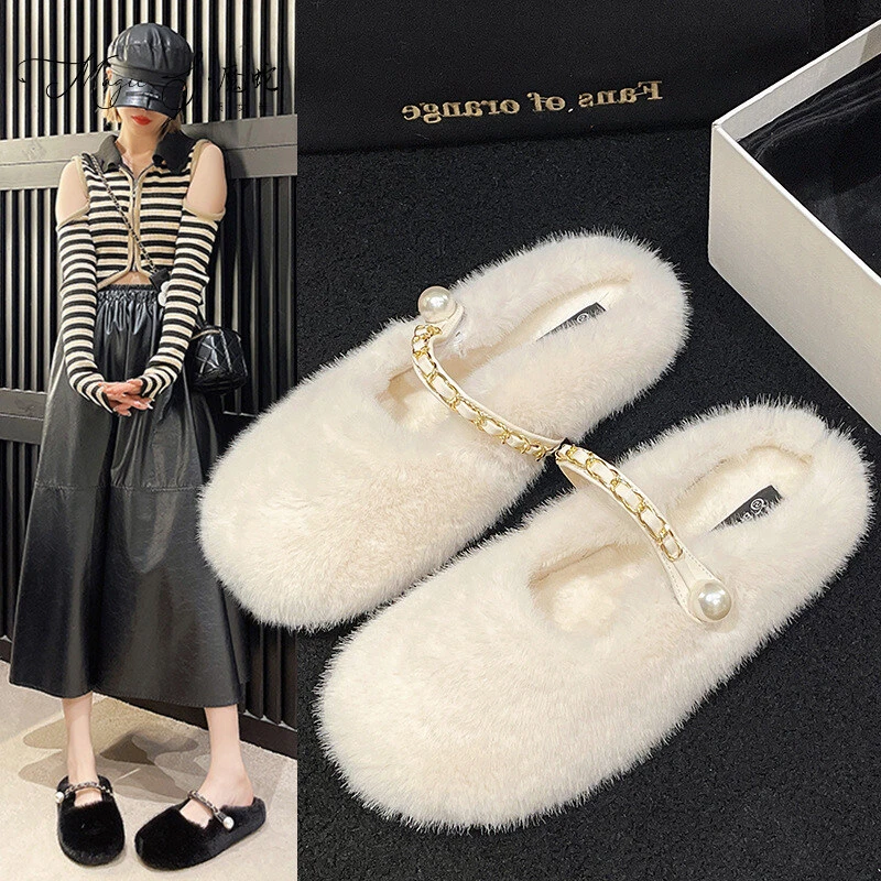 【万达撤柜】小香风平底毛毛鞋鞋子外穿秋冬玛丽珍晚晚包头半拖鞋