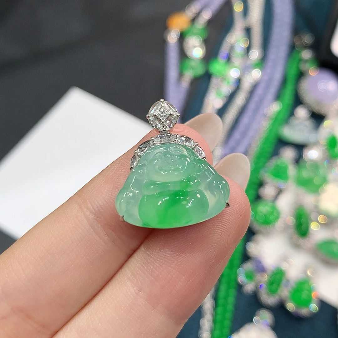 翡翠18K金镶嵌颈饰木那正冰起胶金丝翠佛公 48小时鉴赏期