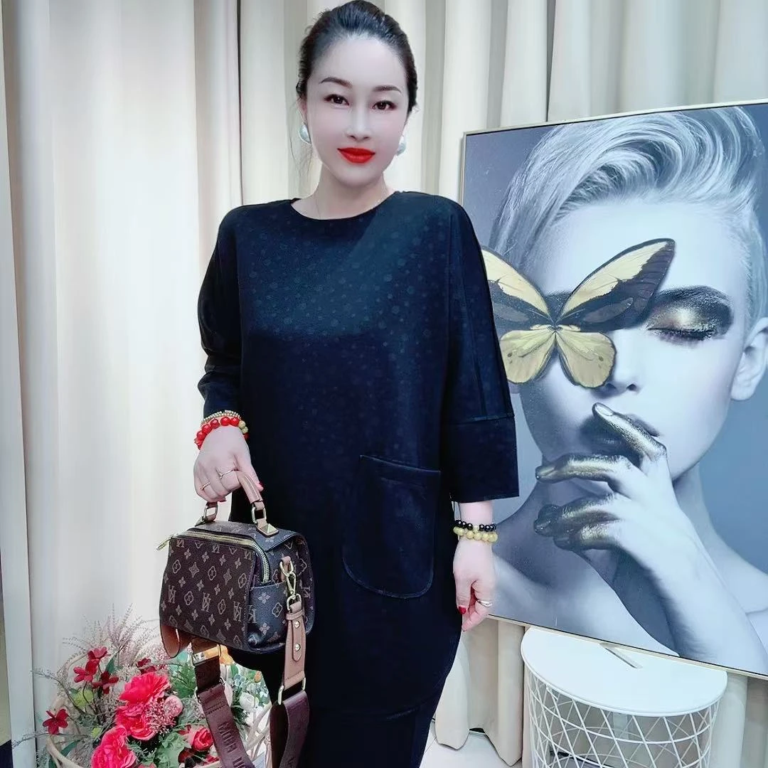 2672新中式古韵水感液态棉经典高端大码女装套装两件套