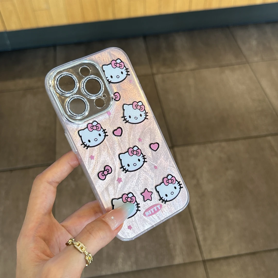 粉色凯蒂适用华为苹果16pro手机壳/14max镜头膜13/12羽纱防摔小米