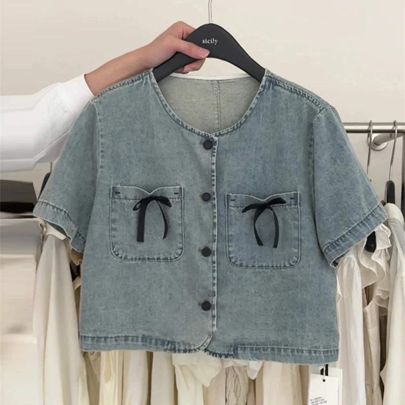 小香风蝴蝶结口袋圆领衬衫薄款软牛仔短袖外套高腰短款复古上衣女