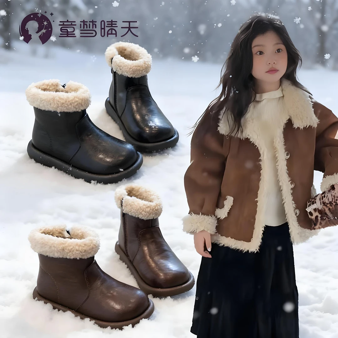 童梦晴天女童雪地靴羊羔毛加绒加厚冬季儿童棉鞋防水宝宝棉鞋防滑