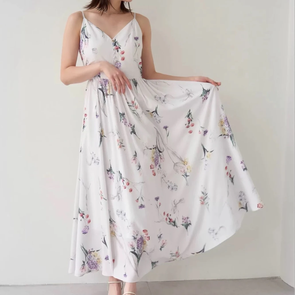 V领植物印花吊带连衣裙12657