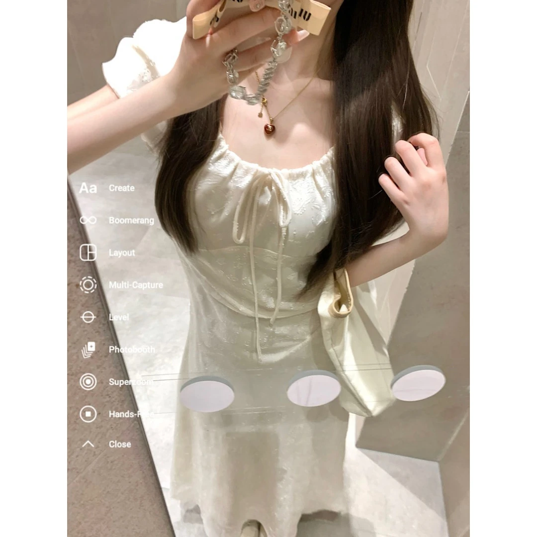 苏音SUYIN 茶歇优雅提花抽绳连衣裙夏u领温柔遮肚气质泡泡袖长裙