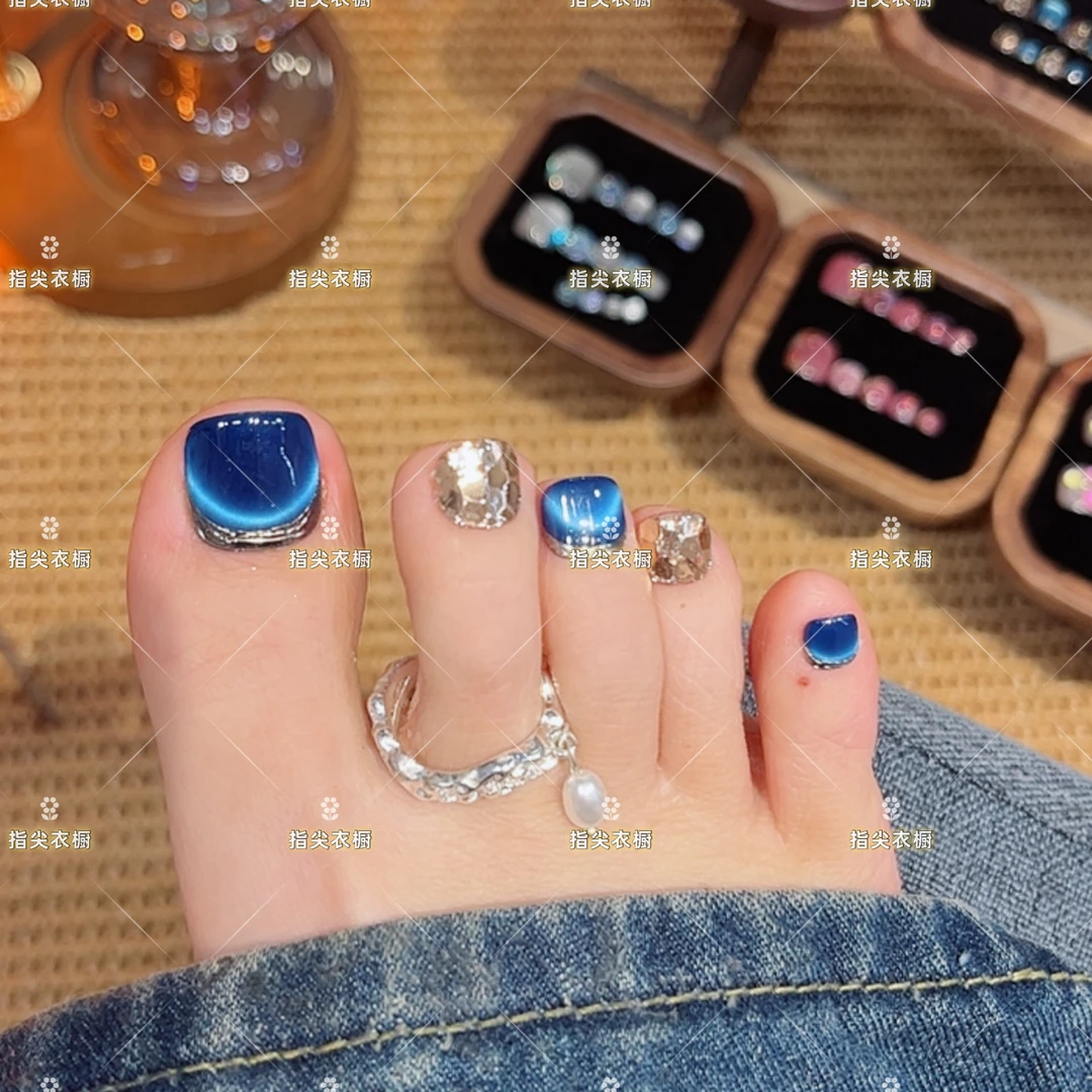 【克莱因蓝】纯手工脚甲蓝色猫眼亮片脚甲14片