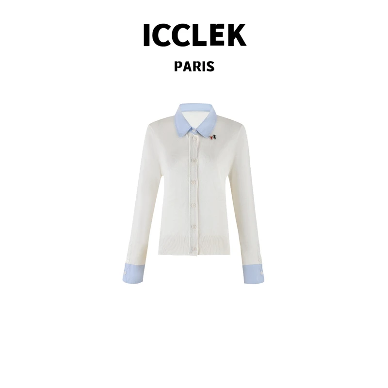 ICCLEK 翻领撞色长袖针织衫 气质 轻奢 名媛 -2837