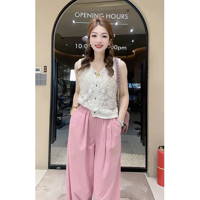 今年流行的气质时尚套装新款漂亮通勤镂空无袖衬衫休闲裤两件套女
